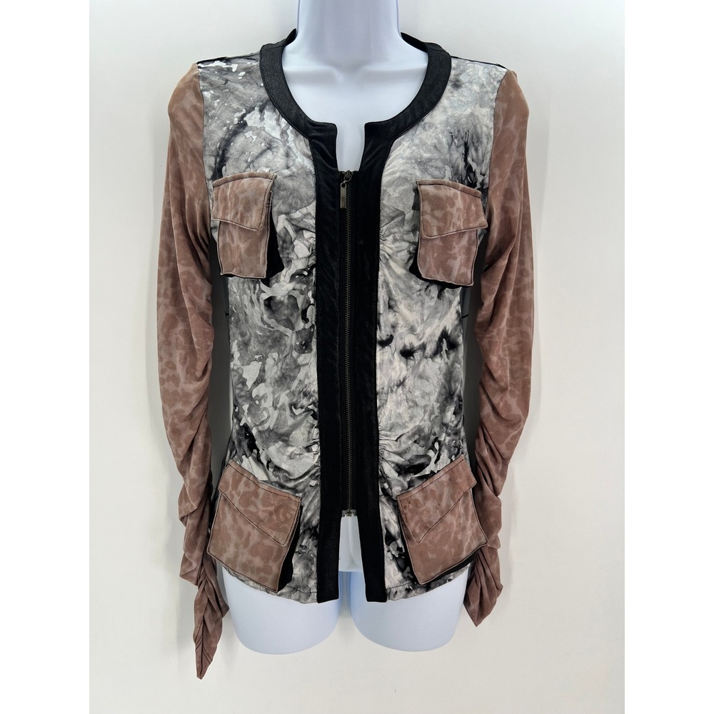 Nani & Poe Womens M Y2K Mesh Zip Up Utility Top Gray Mauve Marble Leopard Print